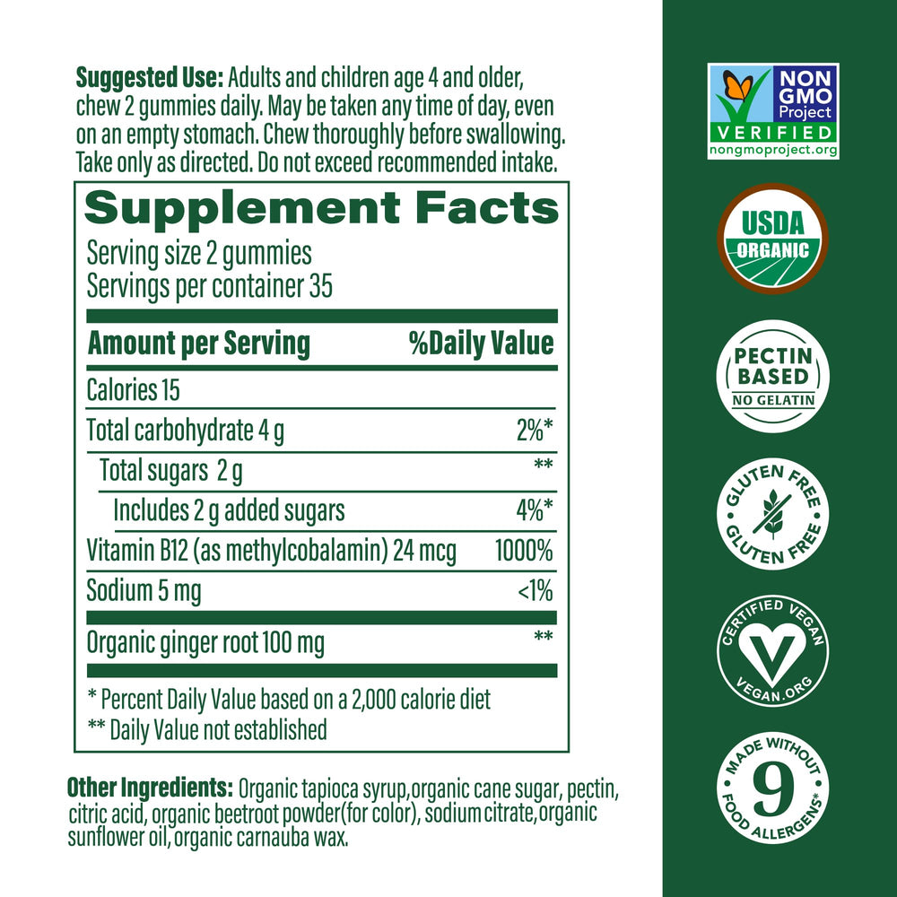 MegaFood B12 Energy Gummies ingredients label highlighting vegan methyl B12