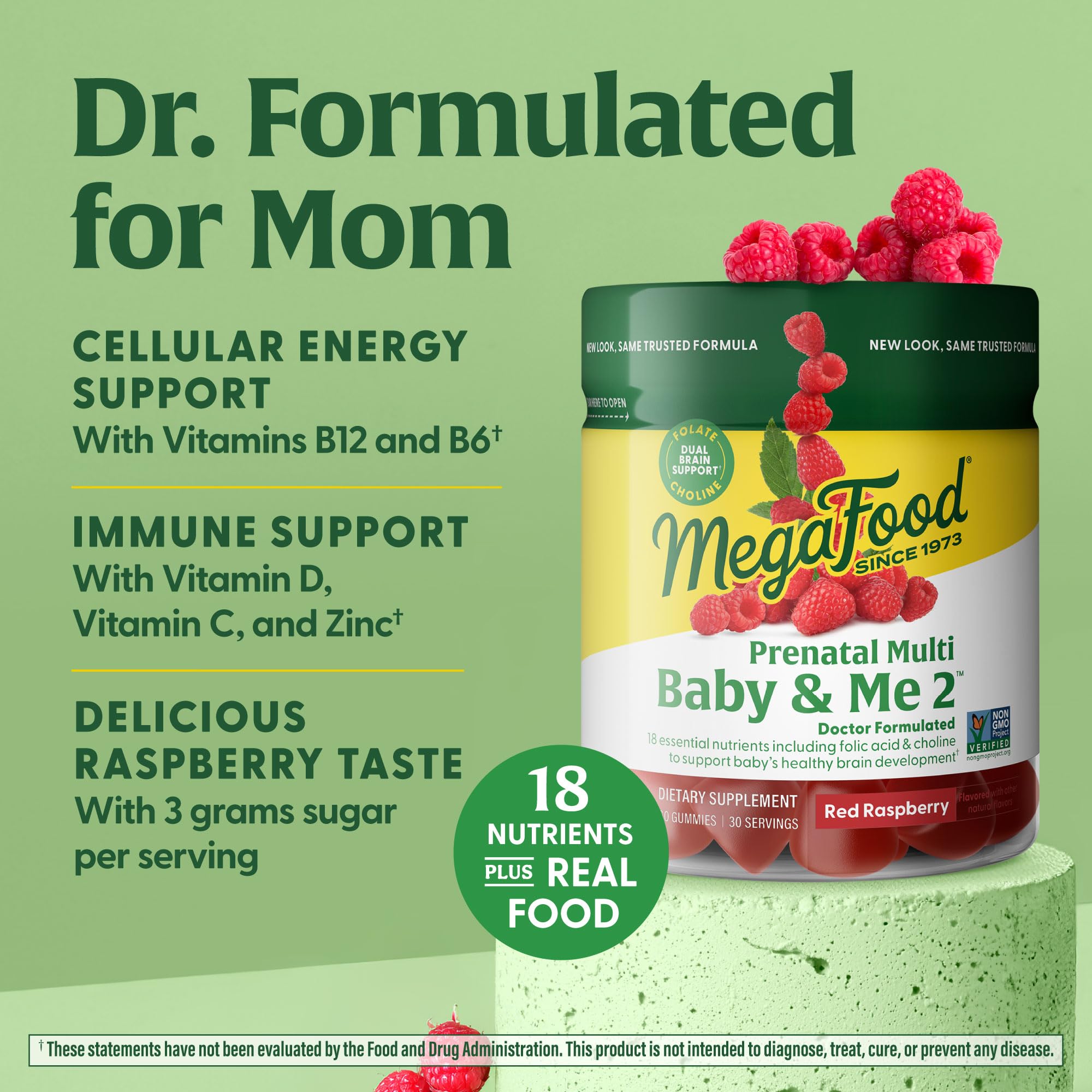 Real raspberry imagery on MegaFood Baby Me 2 packaging