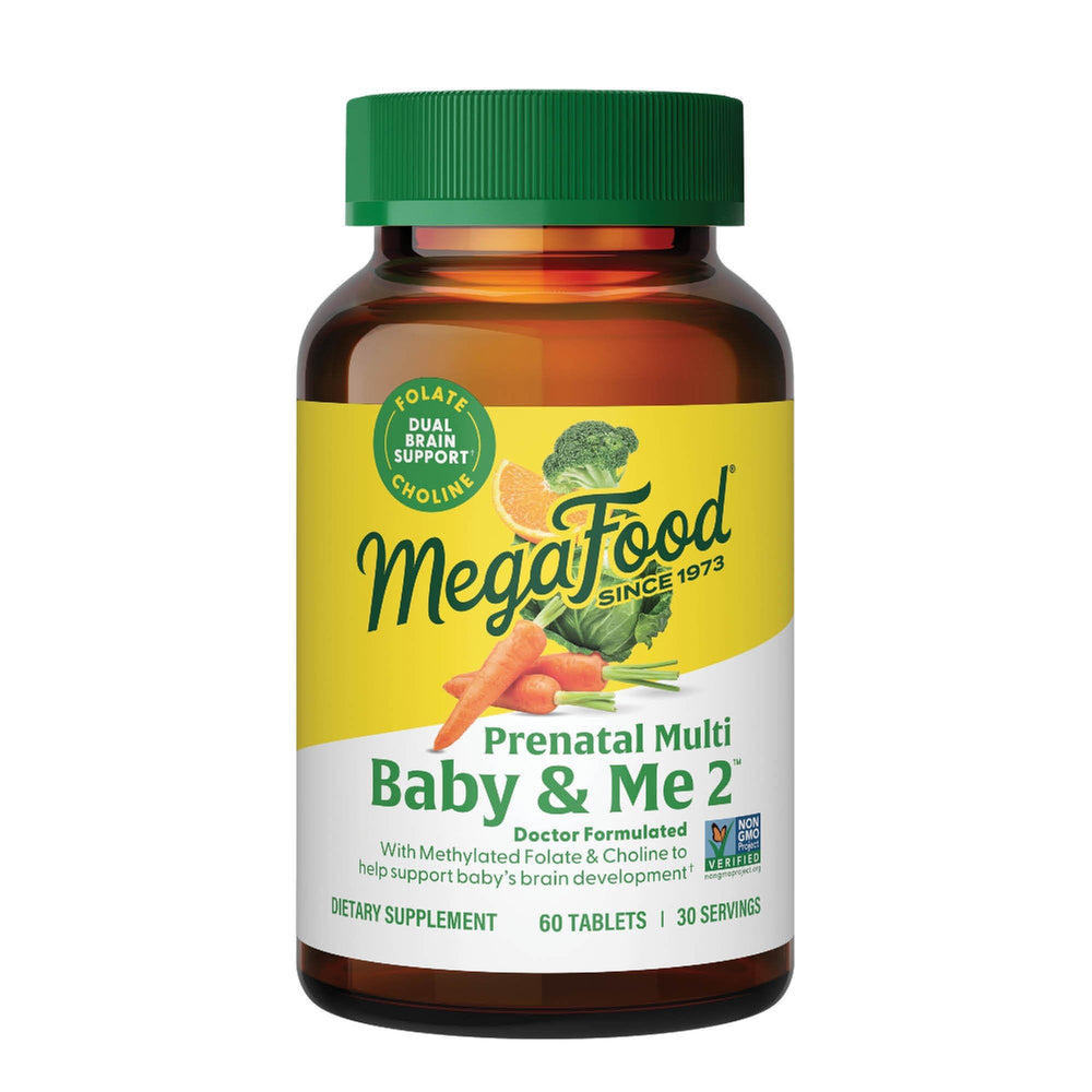 MegaFood Baby & Me 2 prenatal bottle shows real-food ingredients for mom and baby nutrition.