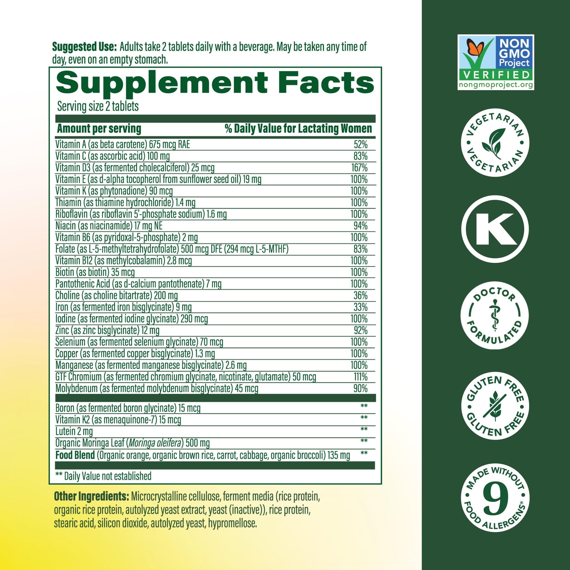 MegaFood Baby & Me 2 two-tablet serving shown for daily nutrition