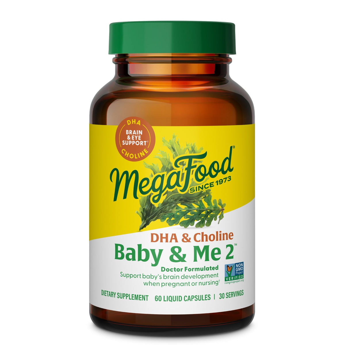 MegaFood Baby & Me 2 DHA bottle displays vegan prenatal nutrients for fetal brain support