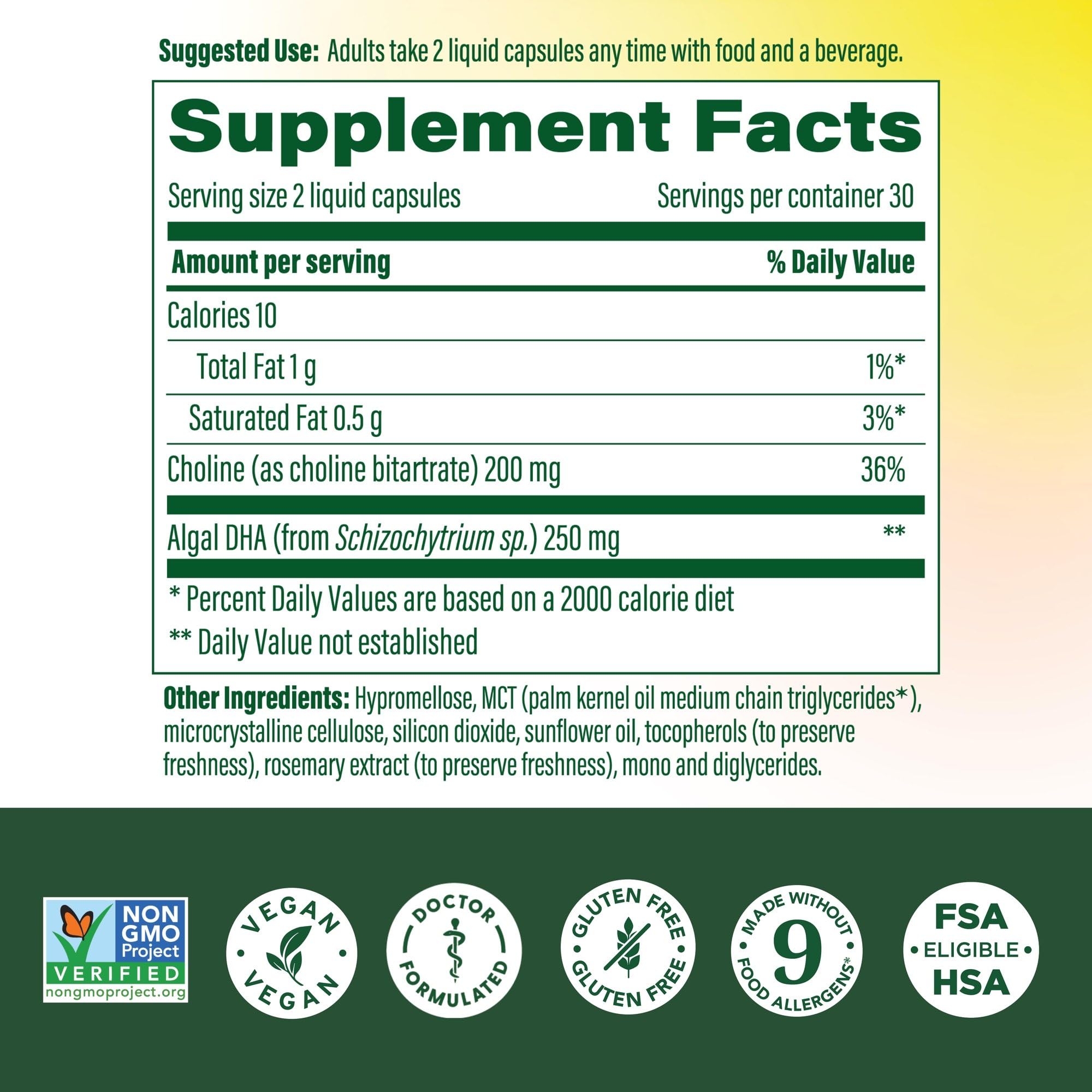 MegaFood Baby & Me 2 DHA label highlights algae-sourced DHA for eye and brain development