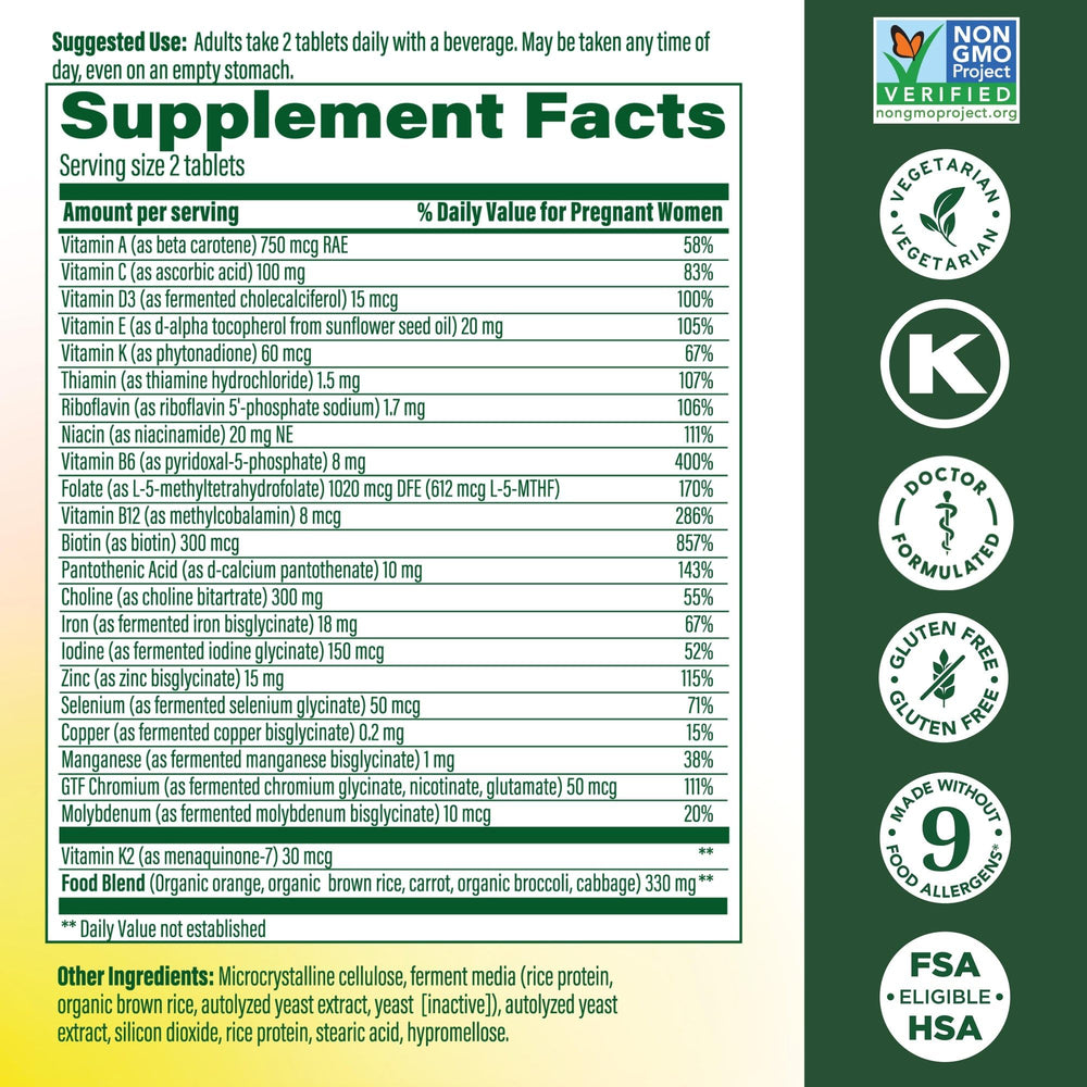 Close up of MegaFood Baby & Me 2 tablets highlighting choline and folate