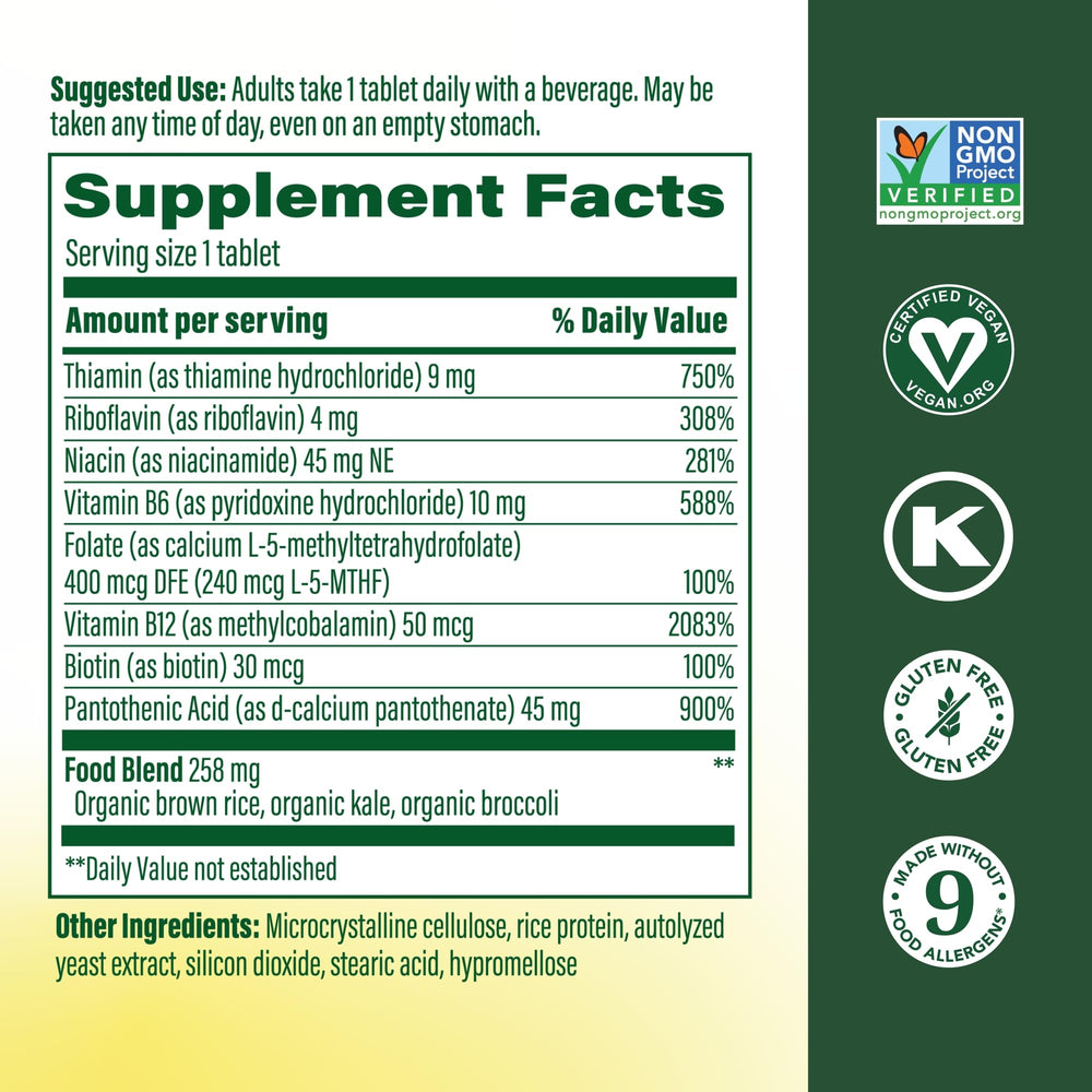 MegaFood Balanced B Complex tablets closeup highlighting methylated B vitamins for nervous system support