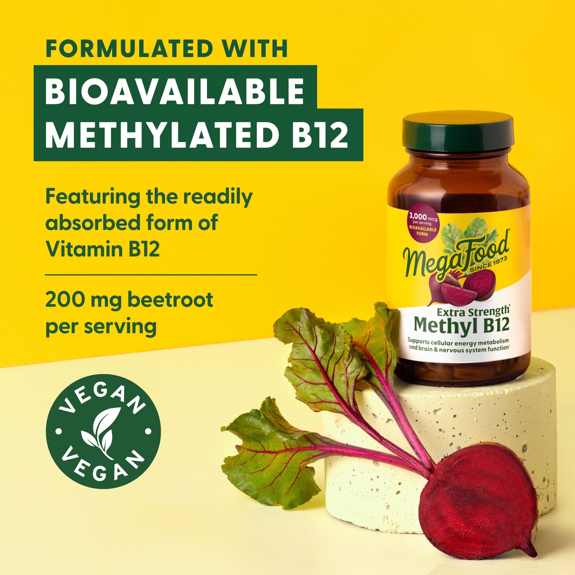 MegaFood product highlighting bioavailable methylcobalamin for absorption.