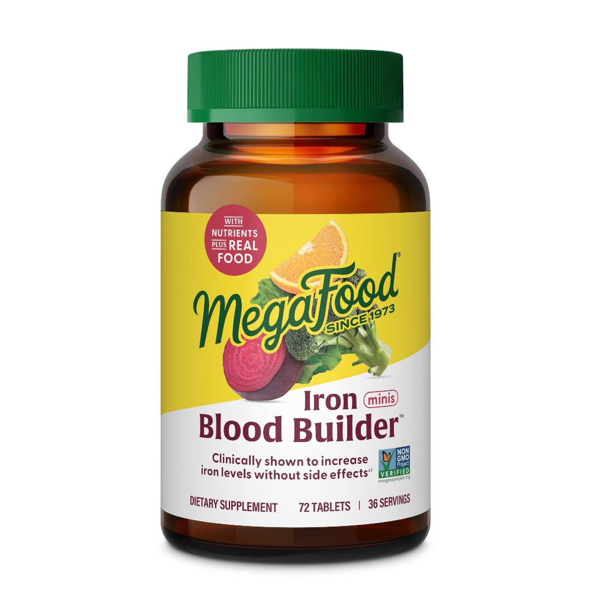 MegaFood Blood Builder bottle front view showing gentle iron support for energy.