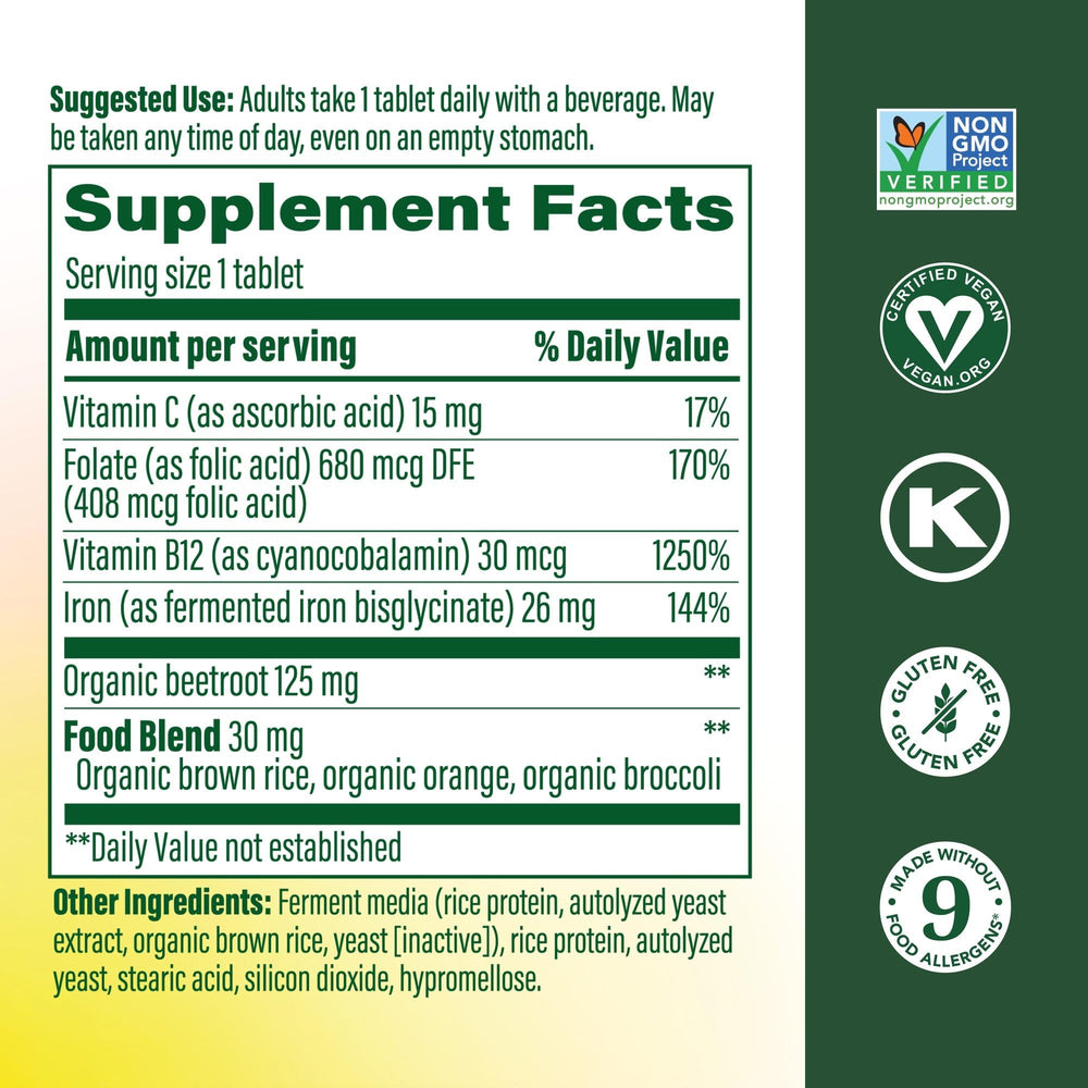 MegaFood Blood Builder label closeup highlighting vegan iron with vitamin C
