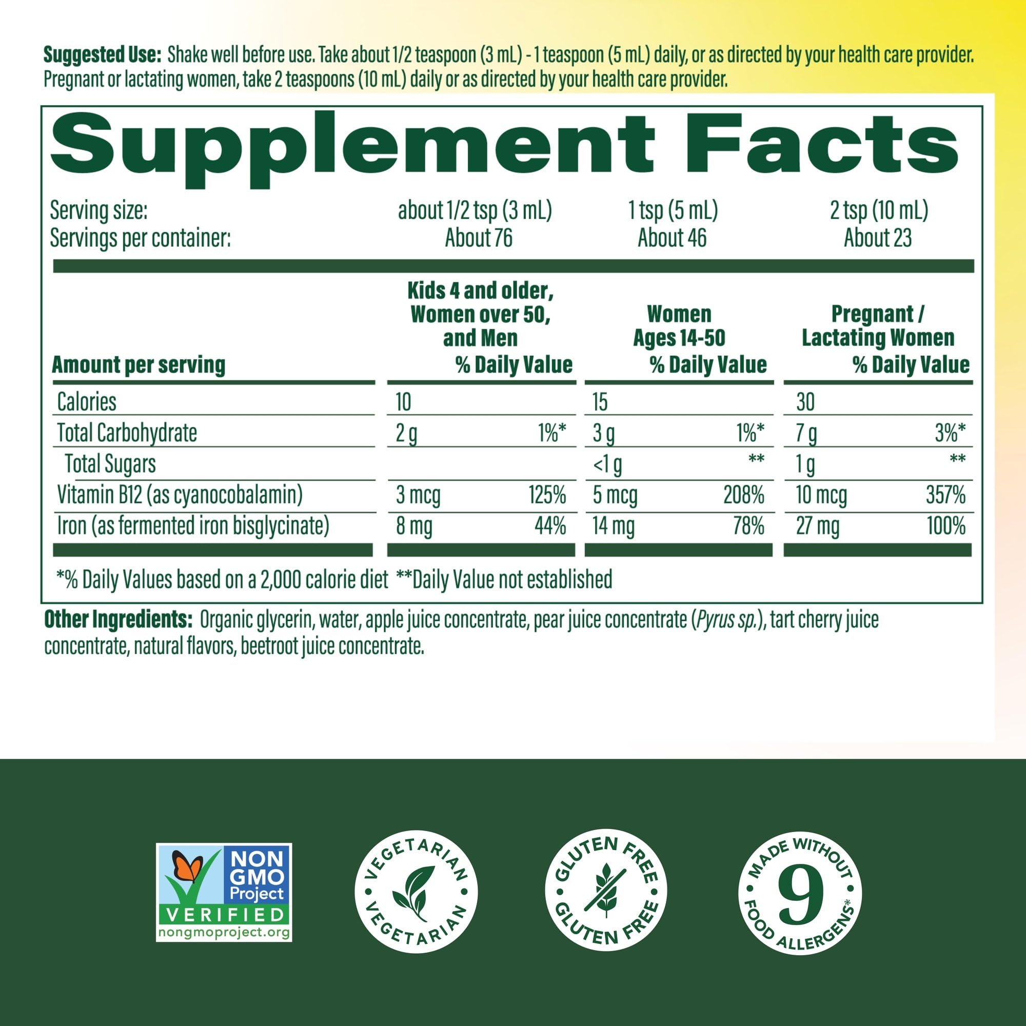 MegaFood Blood Builder liquid iron pour showing easy 10 mL dose.