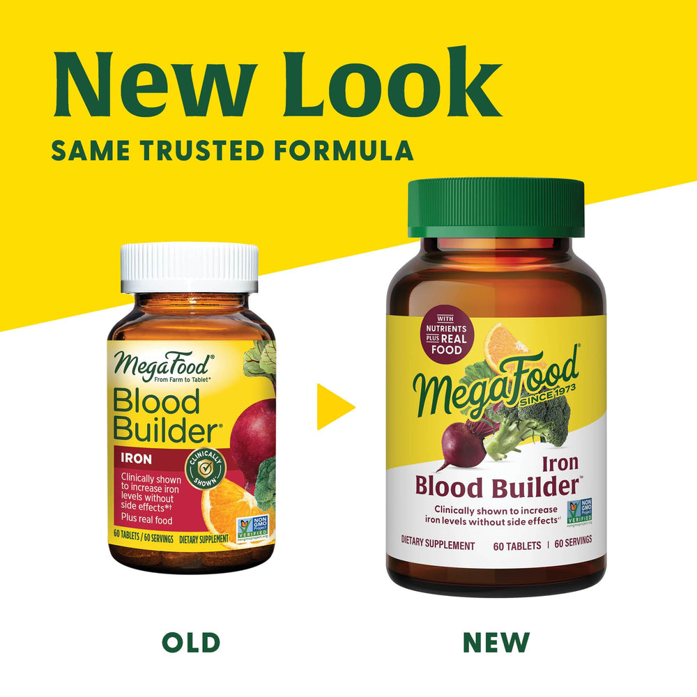Close-up of MegaFood Blood Builder tablets highlighting iron and vegan formula.