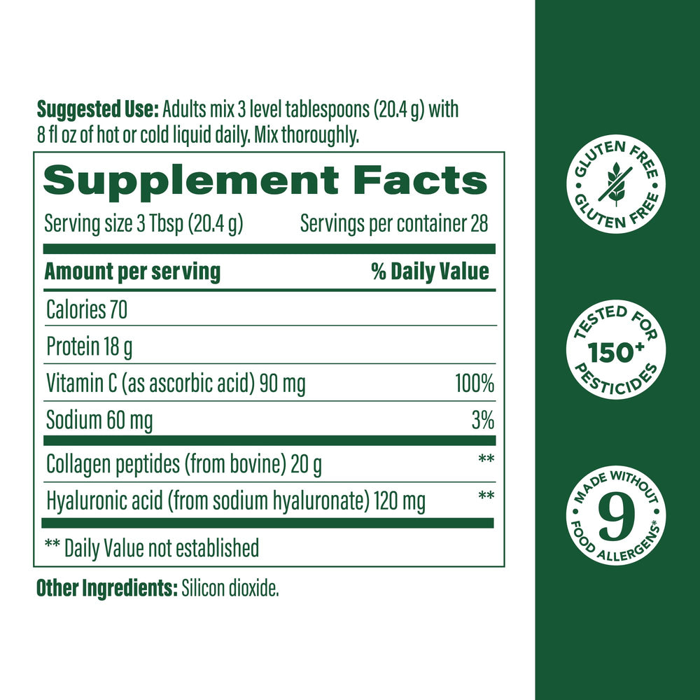 MegaFood Collagen Peptides label close-up showing hyaluronic acid and vitamin C.