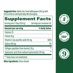 MegaFood Collagen Peptides label close-up showing hyaluronic acid and vitamin C.