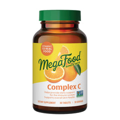 MegaFood Complex C tablet close-up highlighting real-food ingredients for daily immune support