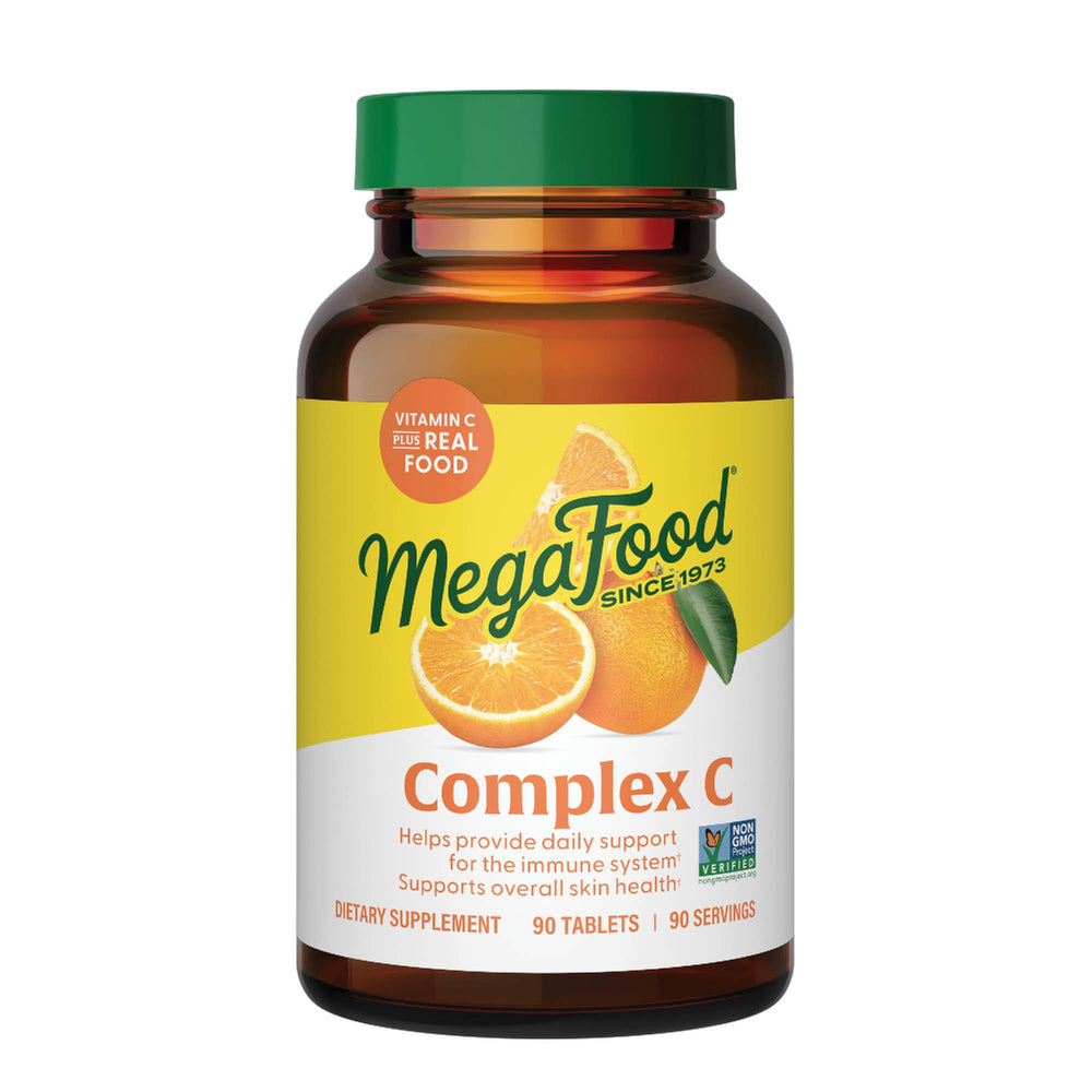 MegaFood Complex C bottle with orange slices highlights real-food vitamin C source for daily immune support.
