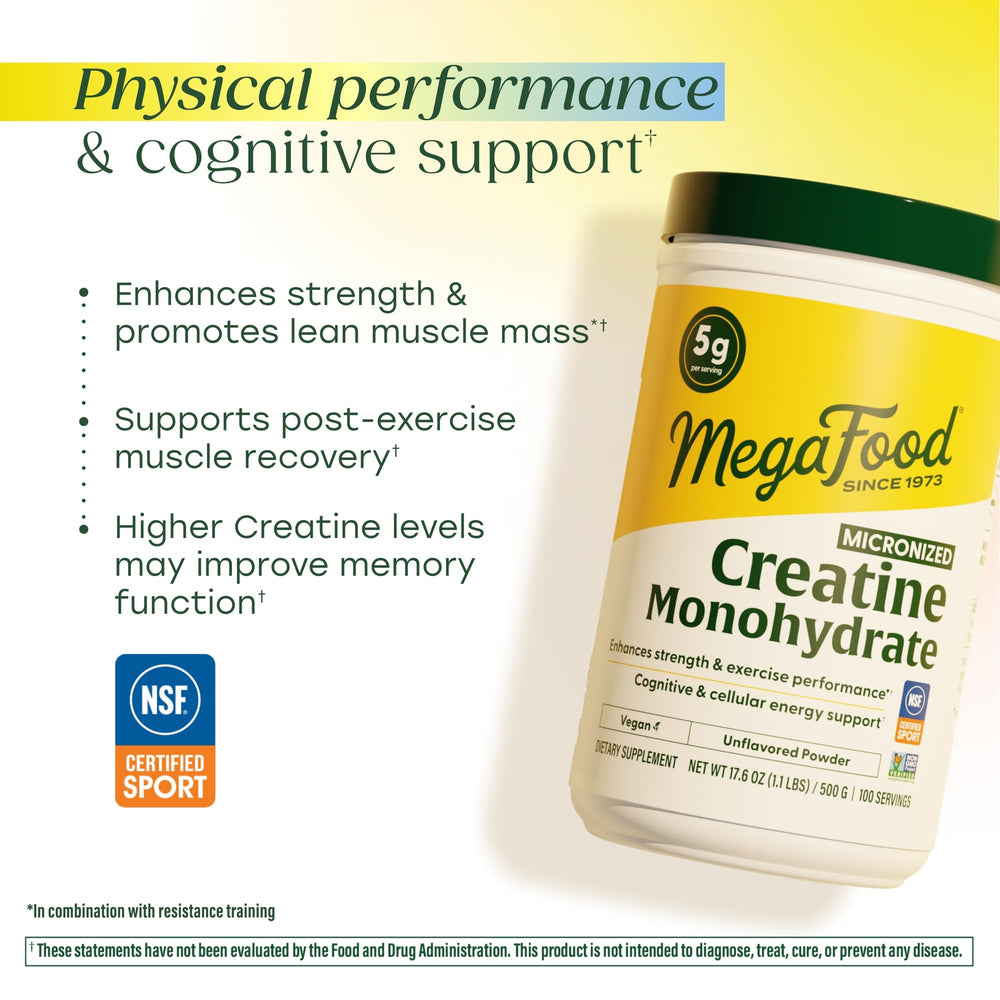 MegaFood creatine label closeup emphasizes purity and NSF certification