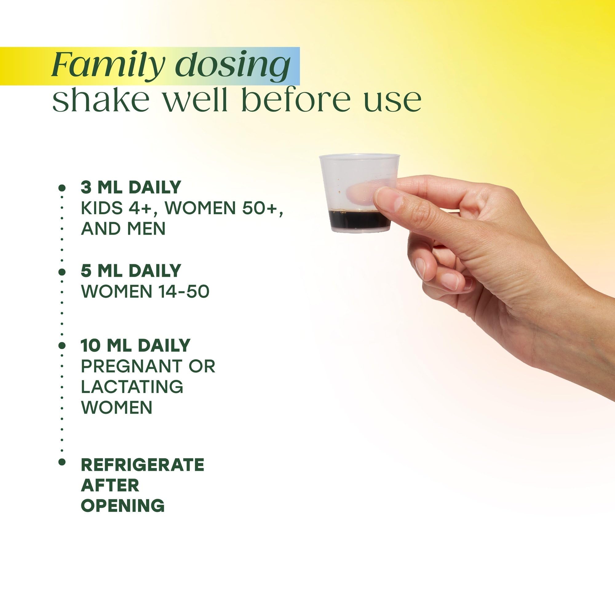 MegaFood daily-dose spoon and 10 mL measurement for easy routine.