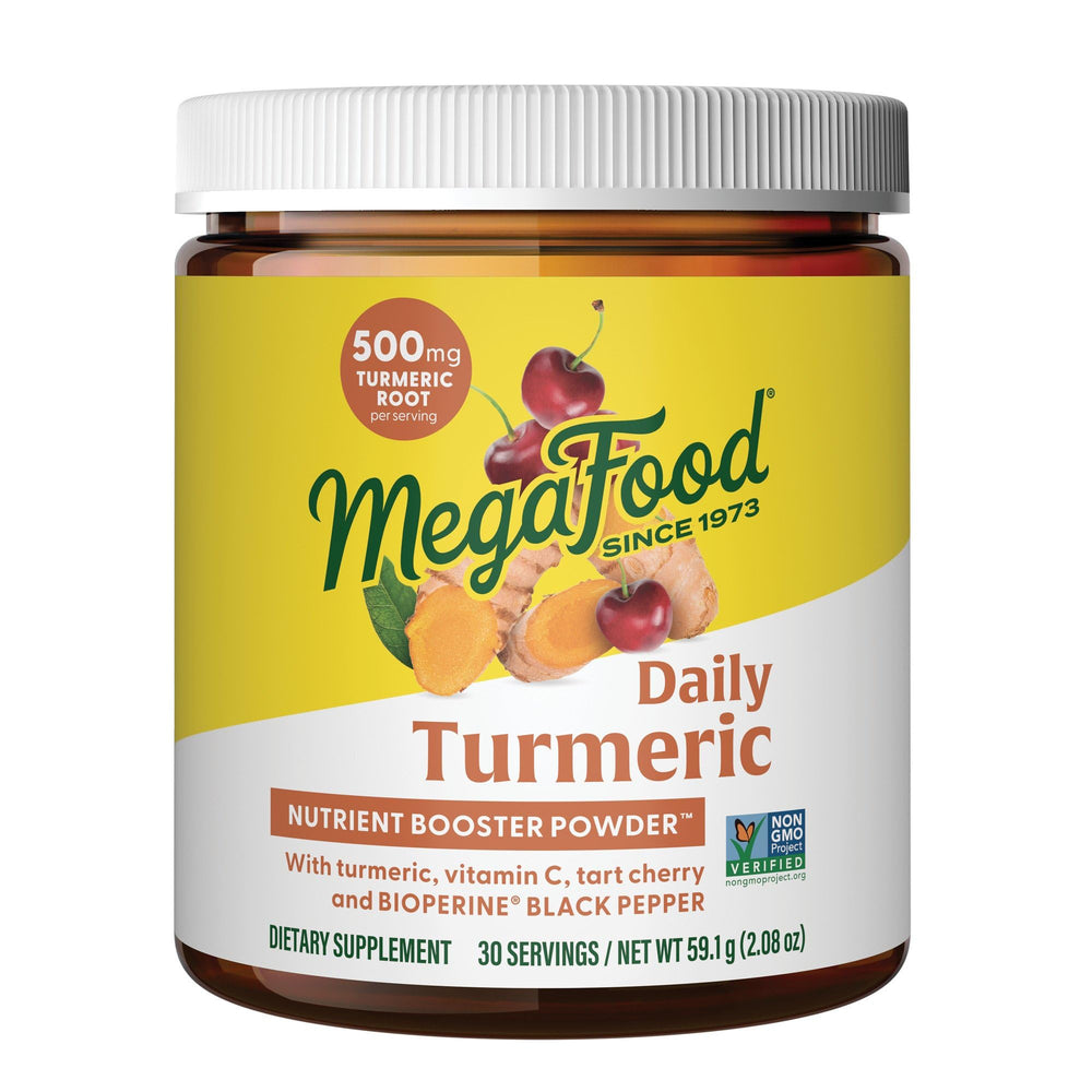 MegaFood Daily Turmeric Powder bottle-front promotes daily wellness with turmeric blend
