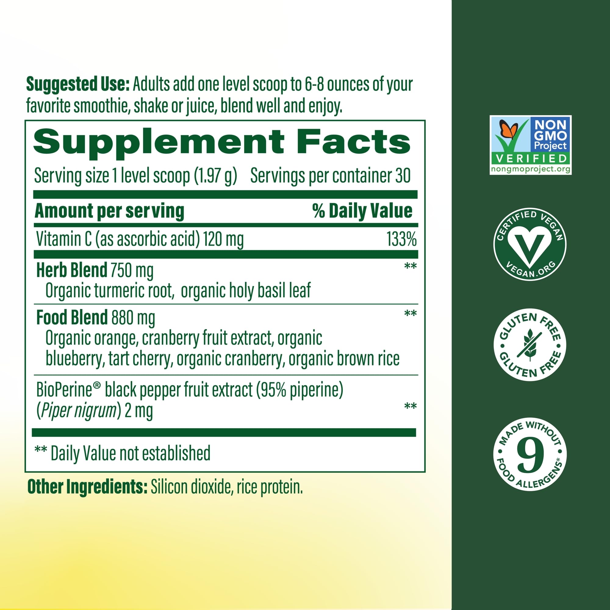 MegaFood Daily Turmeric Powder scoop shows a level serving for quick smoothie boosts