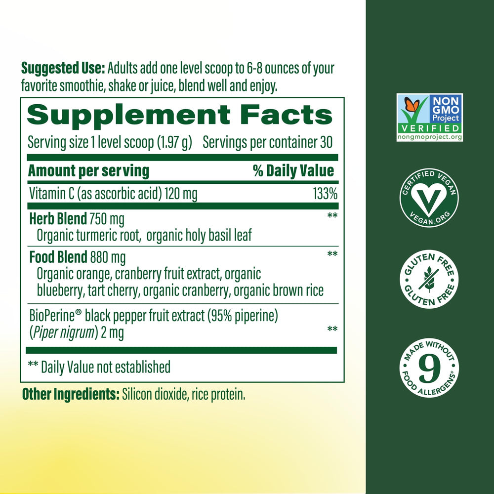 MegaFood Daily Turmeric Powder scoop shows a level serving for quick smoothie boosts