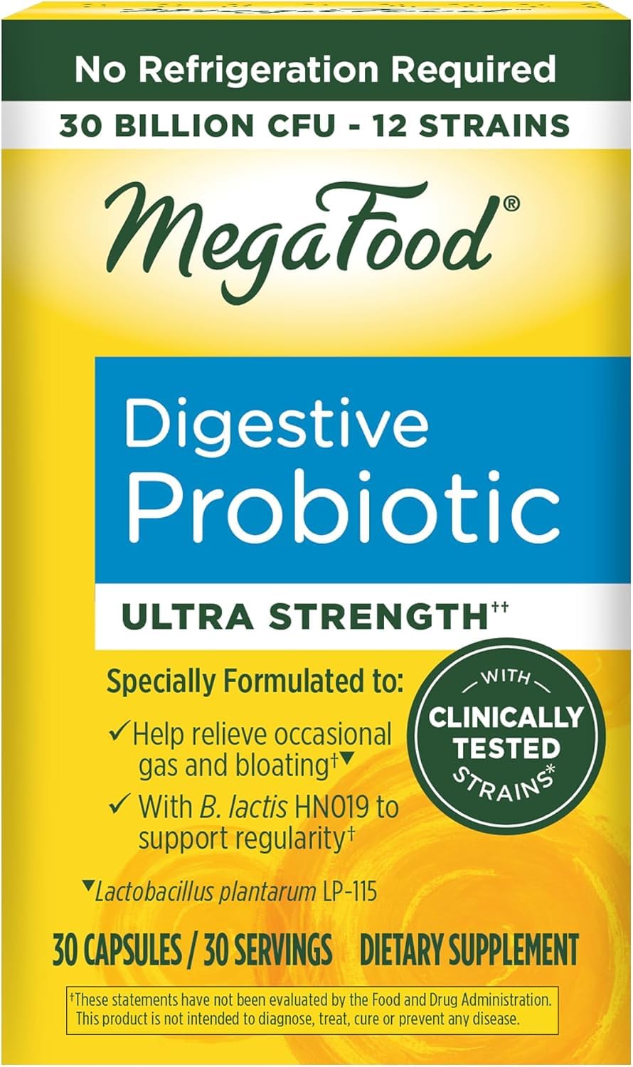 MegaFood Digestive Probiotic bottle shows 30B CFUs and 12 strains for daily gut support.