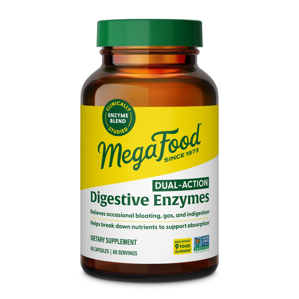 MegaFood Dual-Action Digestive Enzymes bottle for daily meal-time support.