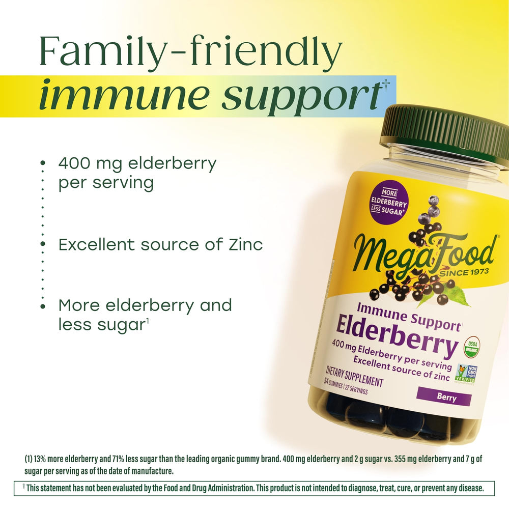 MegaFood Elderberry Gummies real-food based formula emphasizes pectin and plant-based sourcing.
