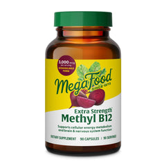 MegaFood Extra Strength Methyl B12 bottle with 90 vegan capsules for energy support.