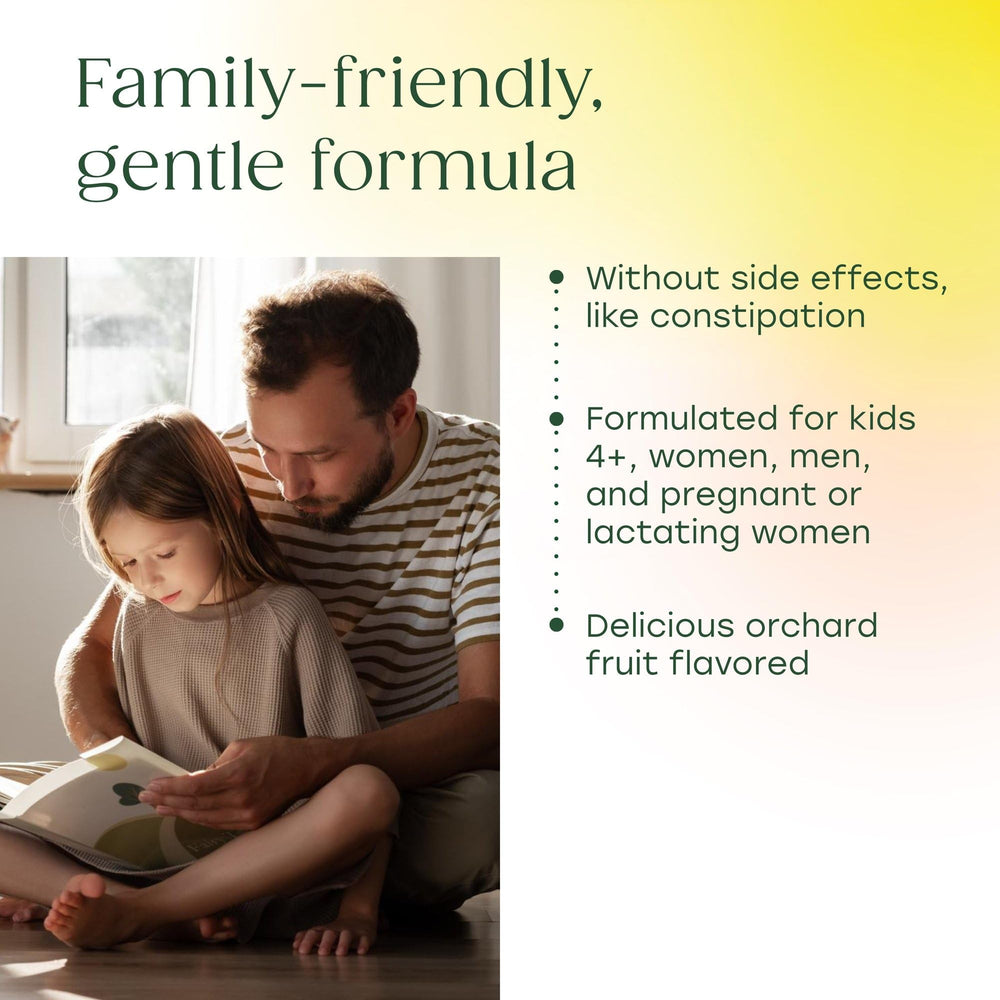 MegaFood fruit-flavored liquid iron label emphasizes kid and adult use.