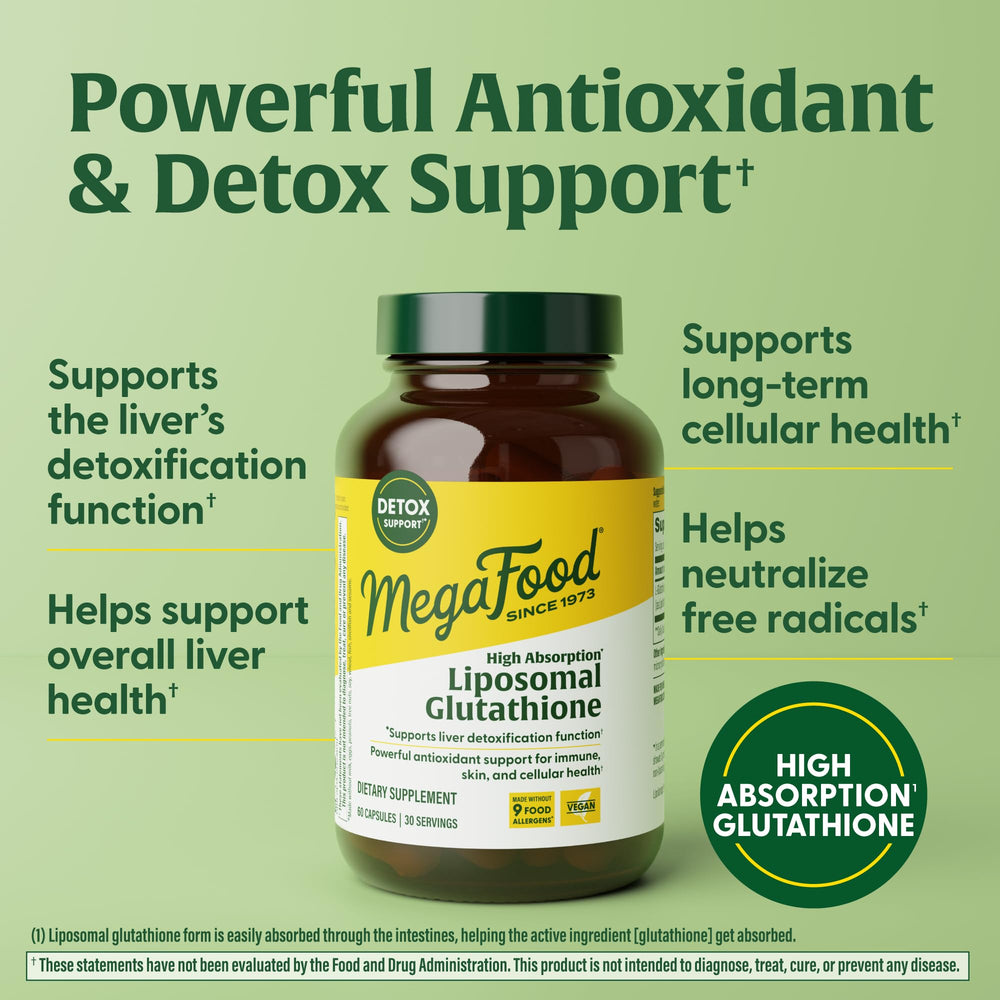 MegaFood glutathione label on bottle emphasizes vegan gluten-free formulation