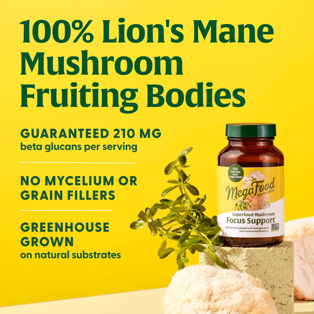 MegaFood greenhouse-grown Lions Mane on natural substrate signaling quality sourcing.