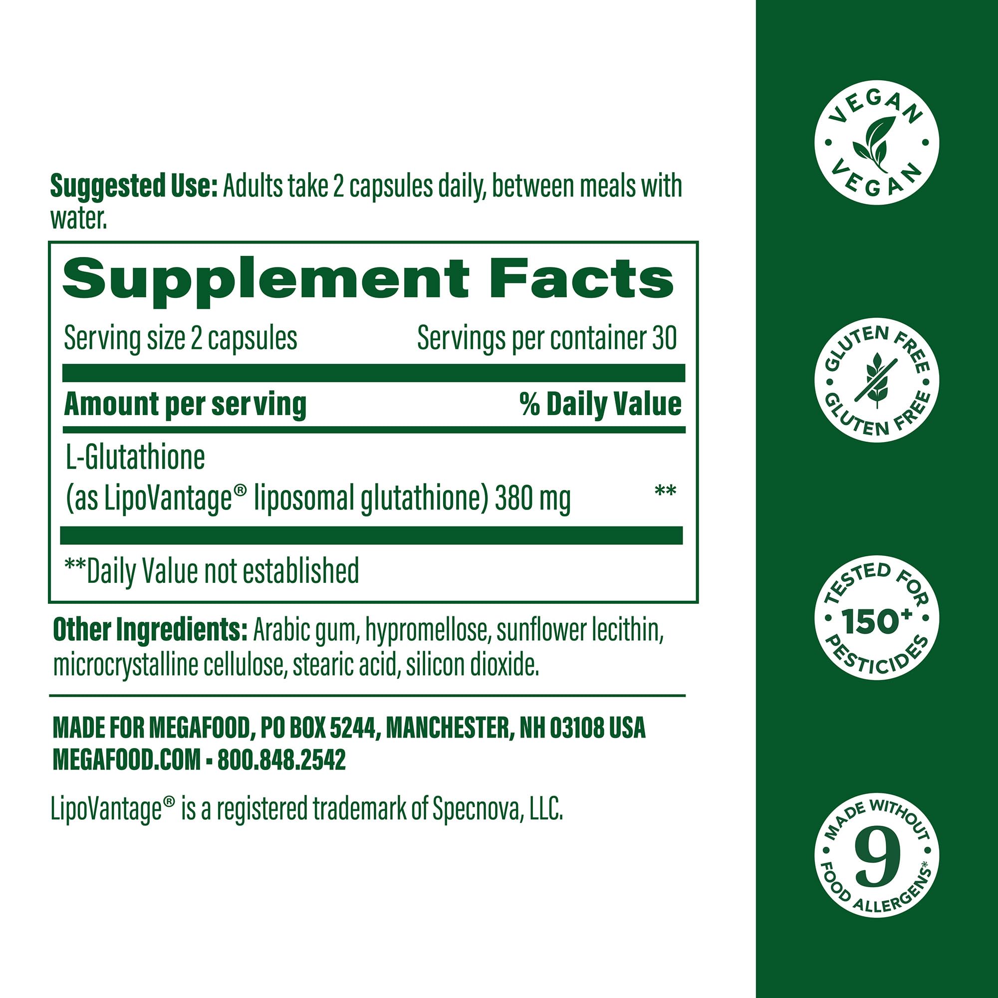 MegaFood liposomal glutathione capsules closeup suggest gentle, higher absorption daily antioxidant use