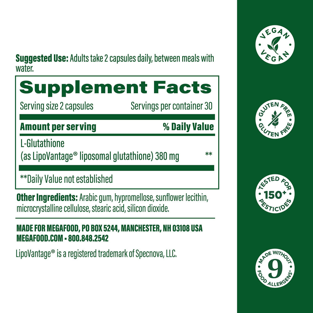 MegaFood liposomal glutathione capsules closeup suggest gentle, higher absorption daily antioxidant use