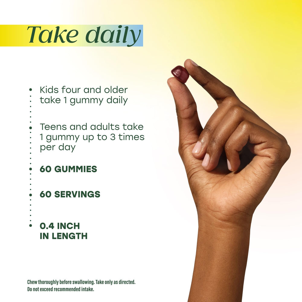 Kids-friendly dosage info on MegaFood Iron Energy Gummies packaging.