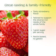 Close-up of MegaFood Iron Energy Gummies texture, easy-to-chew strawberry gummies.