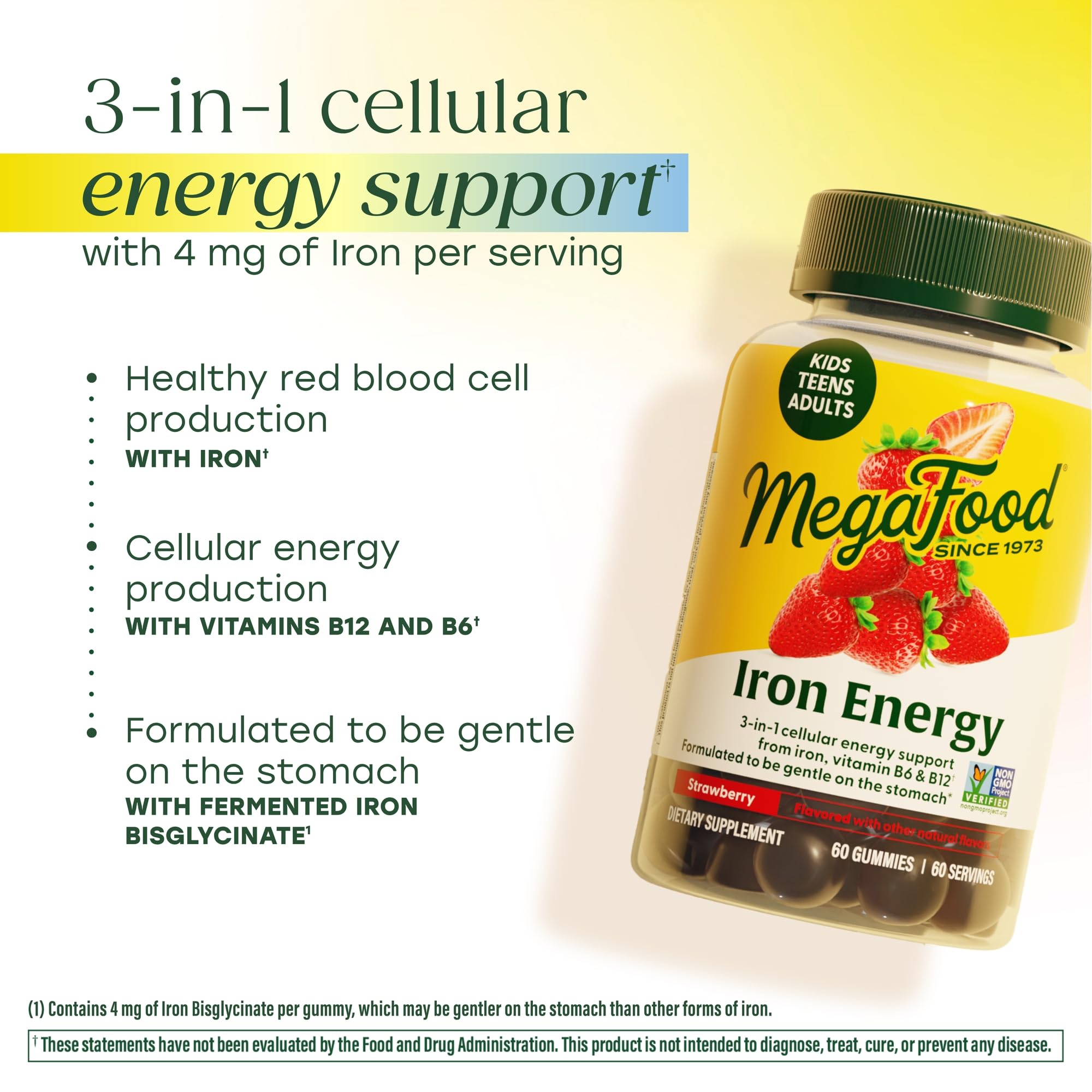 Label on MegaFood Iron Energy Gummies showing iron and B vitamin content.