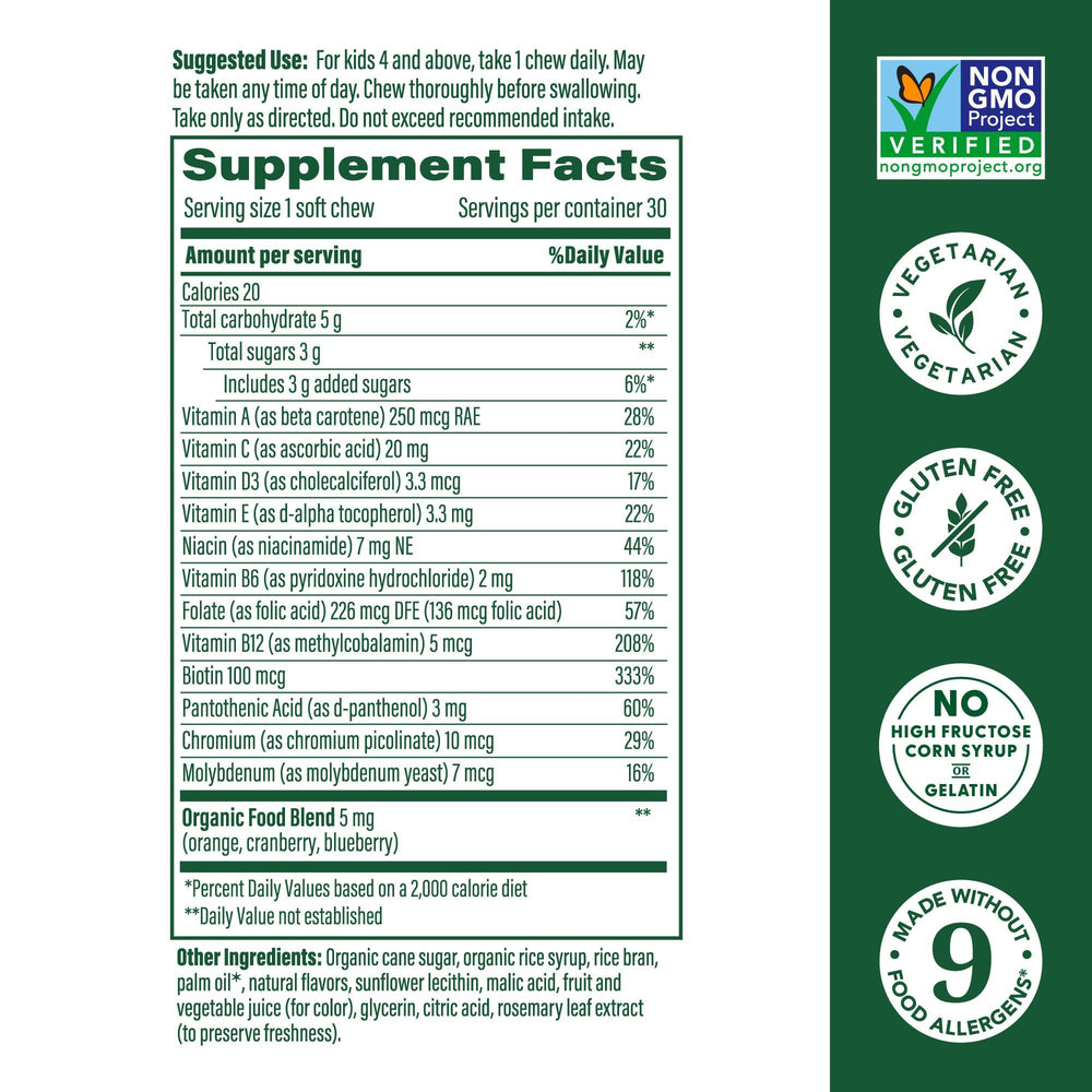MegaFood Kids One Daily bottle back highlights vegetarian and allergen-free formula.