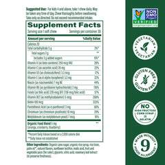 MegaFood Kids One Daily bottle back highlights vegetarian and allergen-free formula.