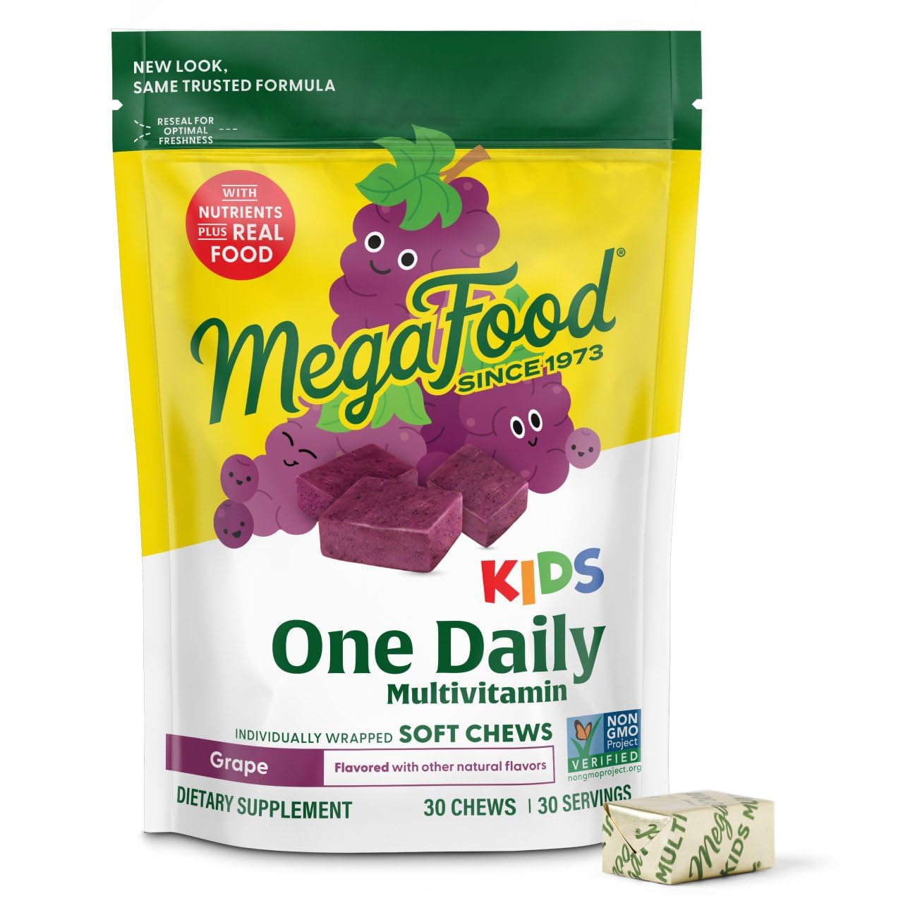 MegaFood Kids One Daily bottle front with grape-chew vitamins for daily growth.