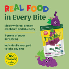 MegaFood Kids One Daily grape chews close-up emphasizes tasty flavor.