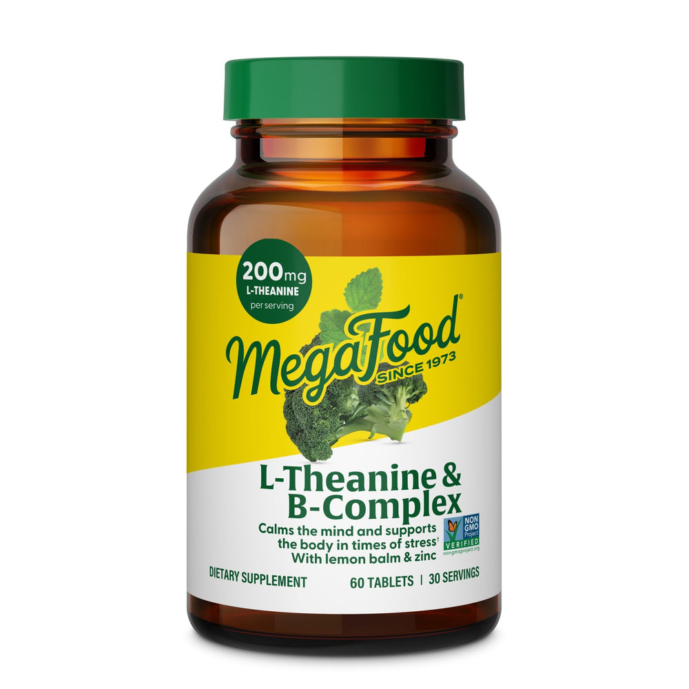 MegaFood L-Theanine & B Complex bottle poured for a calm morning routine