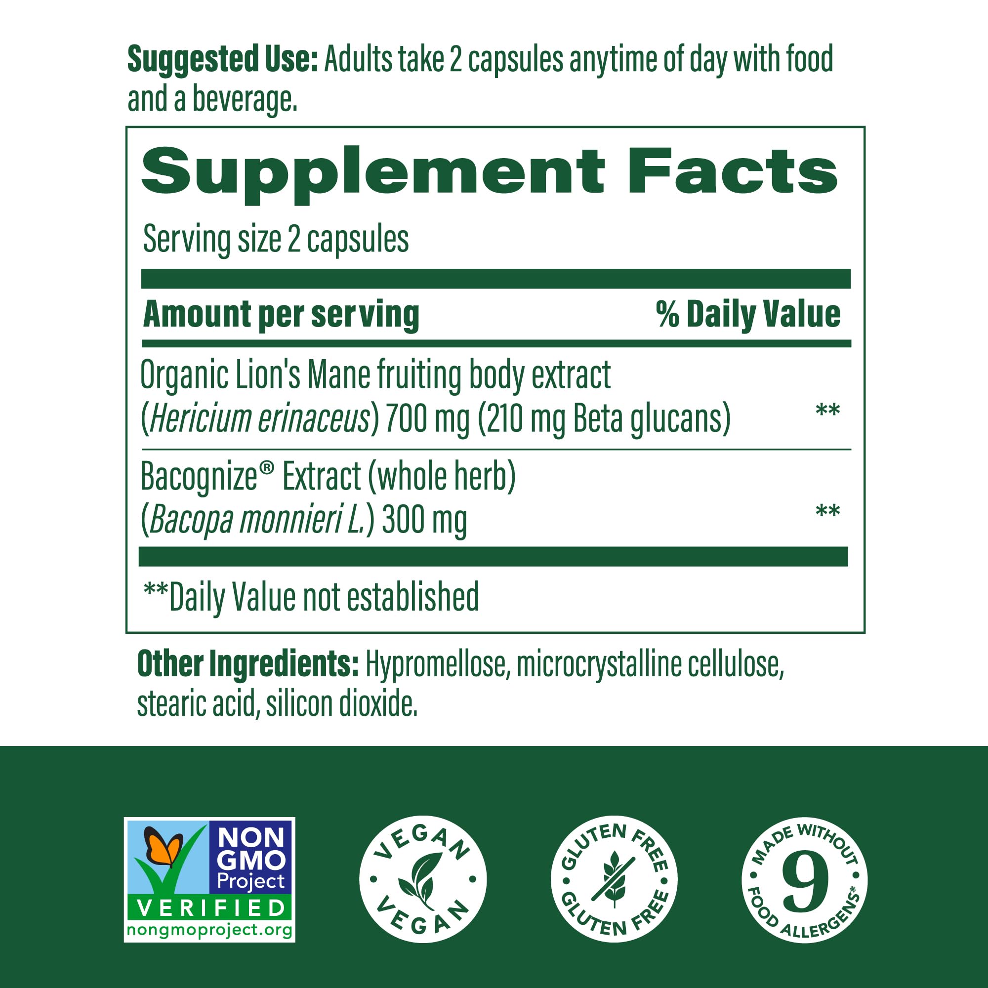 MegaFood Lions Mane capsules close-up emphasizing vegan, mushroom-based cognitive support.
