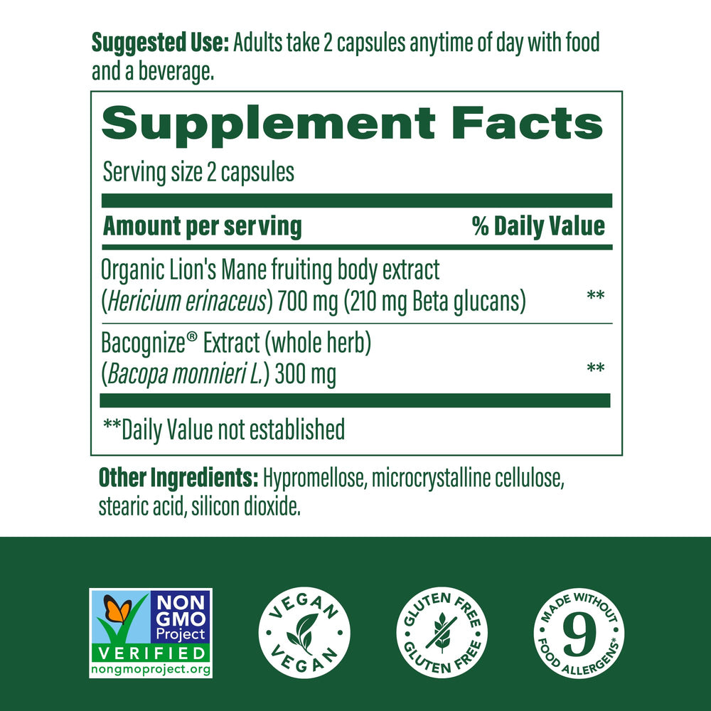 MegaFood Lions Mane capsules close-up emphasizing vegan, mushroom-based cognitive support.