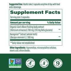 MegaFood Lions Mane capsules close-up emphasizing vegan, mushroom-based cognitive support.