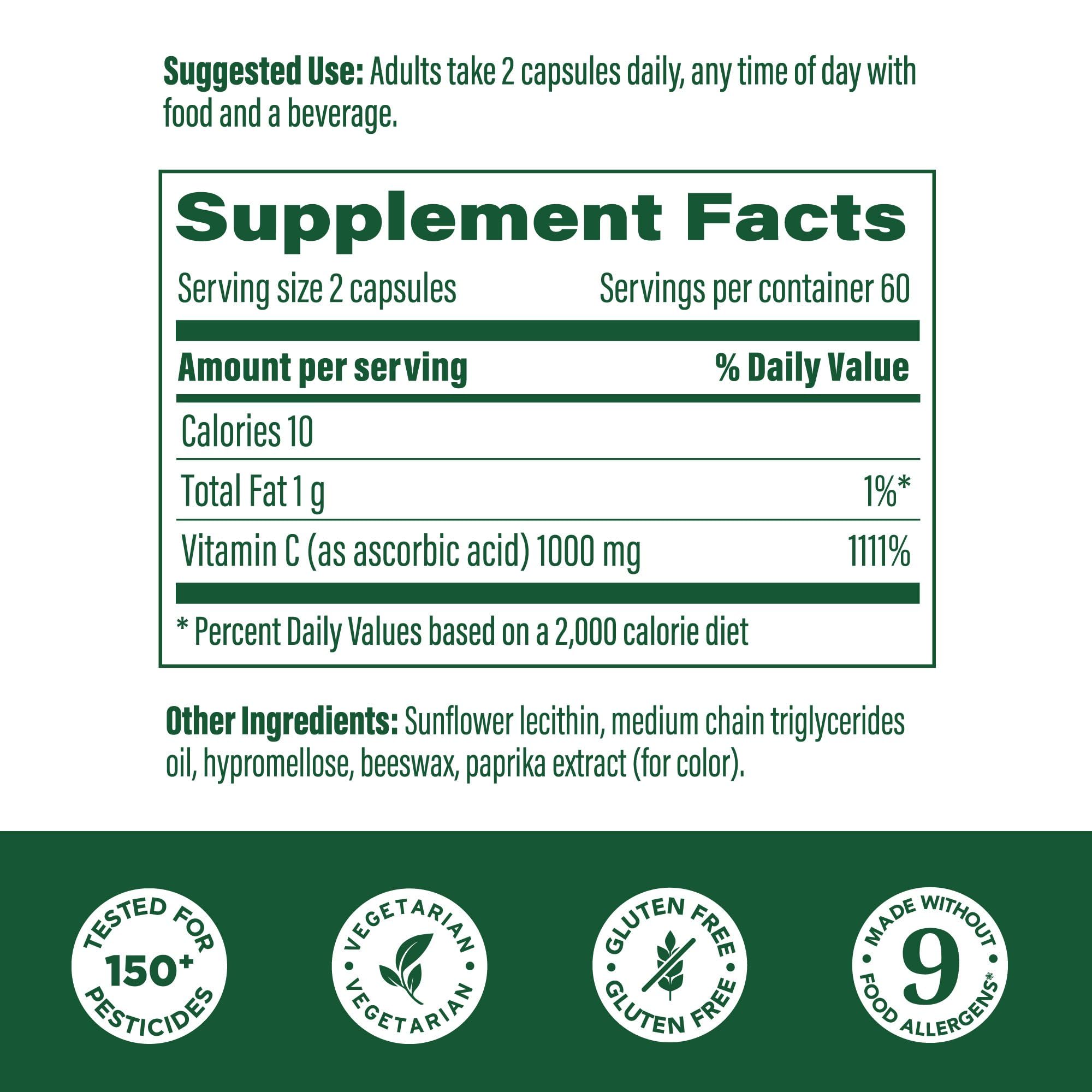 MegaFood Liposomal Vitamin C bottle back showing ingredients and allergen-free notes
