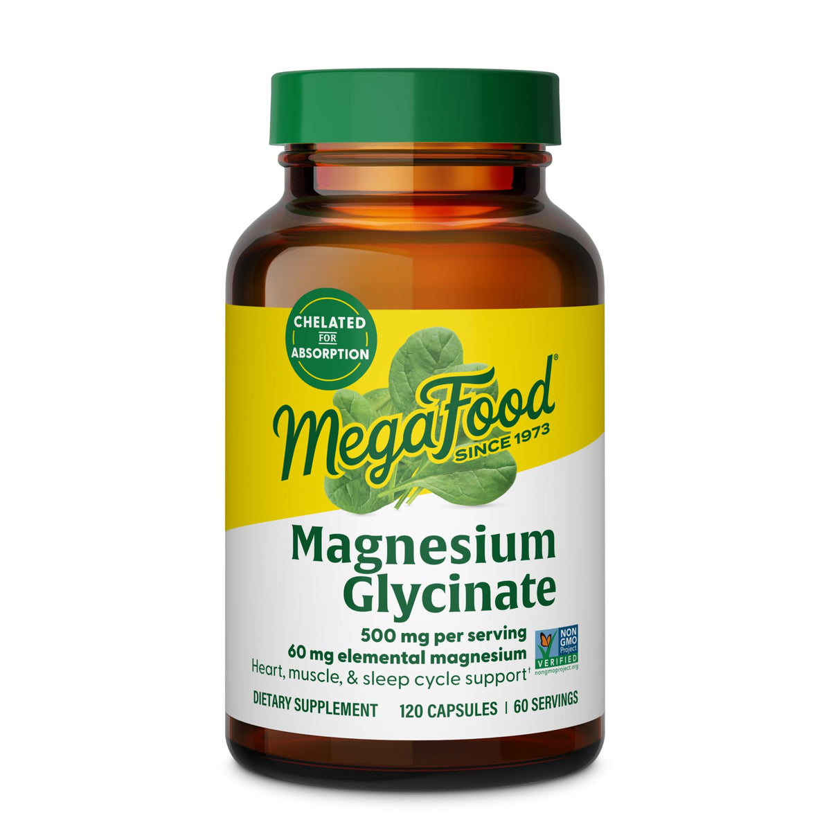 MegaFood Magnesium Glycinate 500mg bottle close-up, gentle on the stomach.