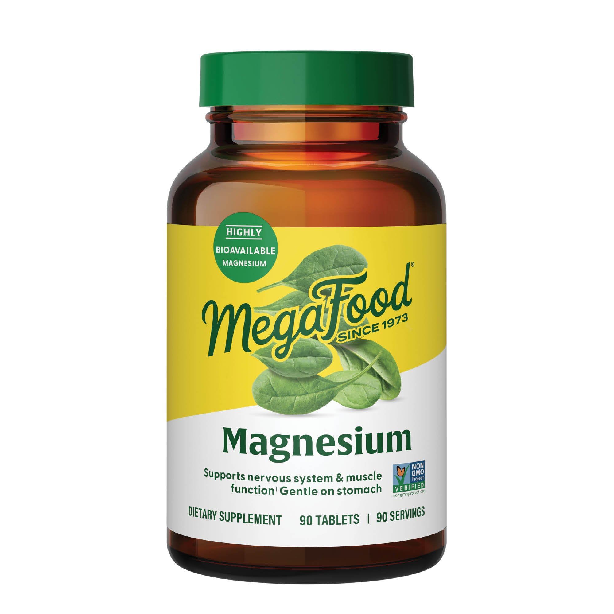 MegaFood magnesium supplement in a fermented glycinate bottle, convenient daily dose for muscle and nerve support.