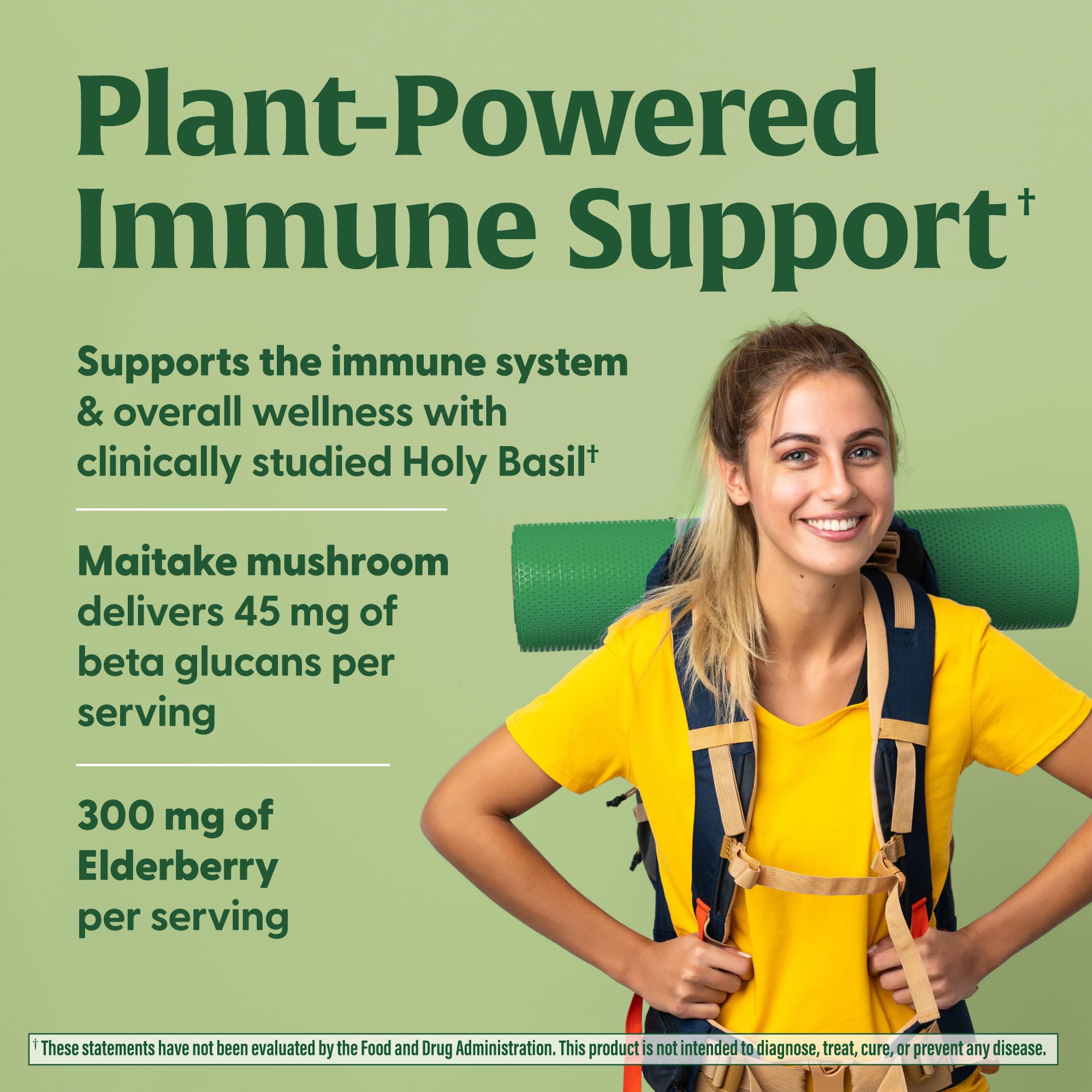 Maitake, Elderberry and Holy Basil ingredients highlighted for plant-based immune support