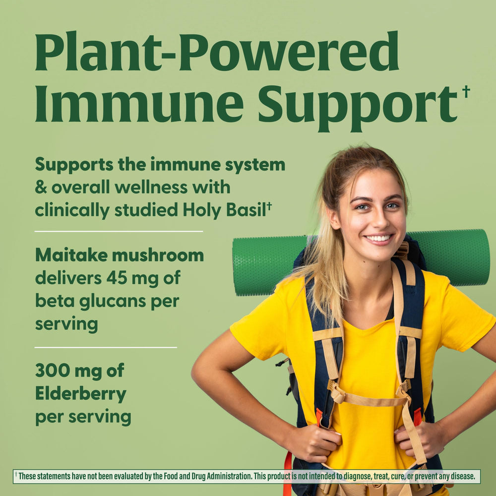 Maitake, Elderberry and Holy Basil ingredients highlighted for plant-based immune support