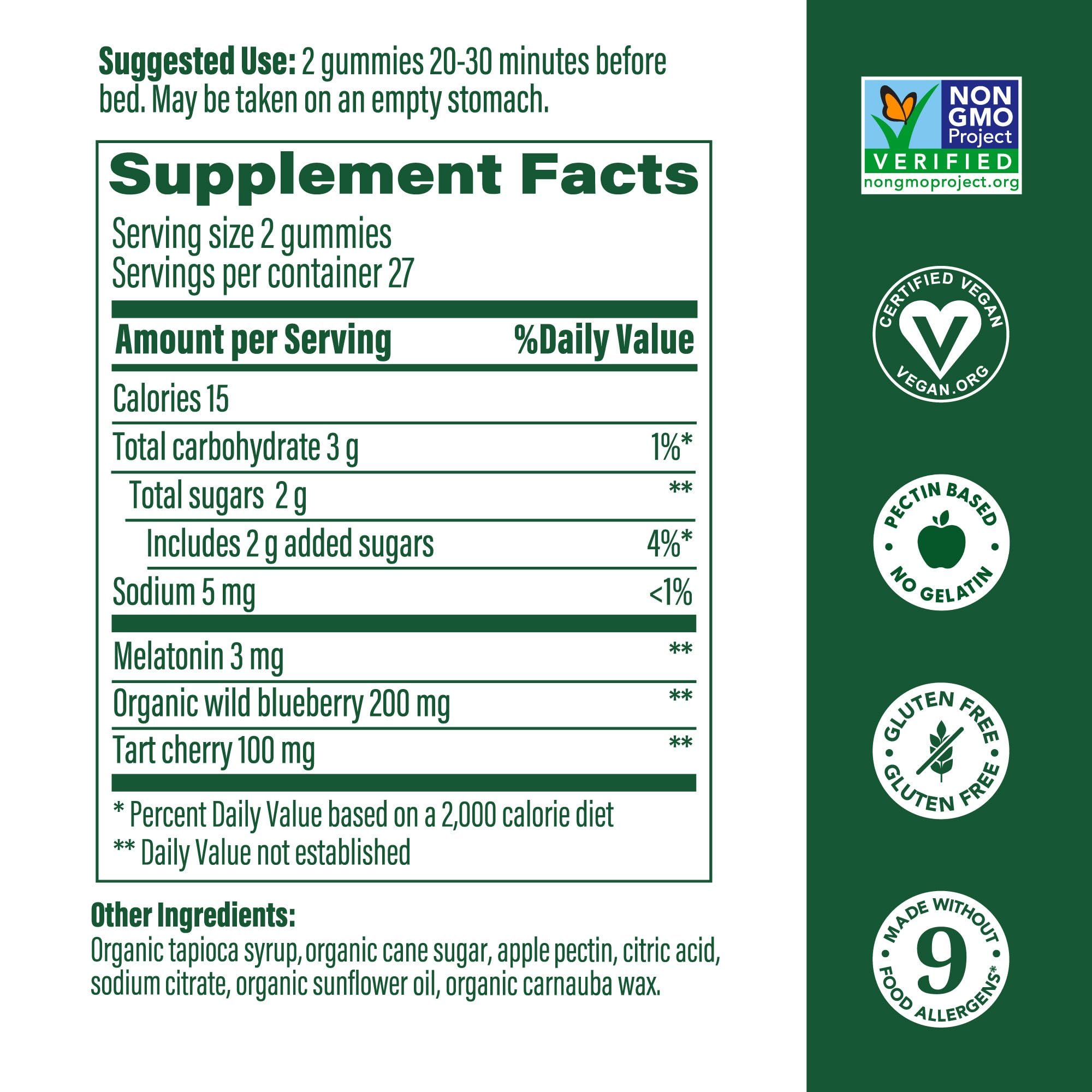 MegaFood Melatonin Gummies berry flavor bottle back showing nutrition and allergen info.