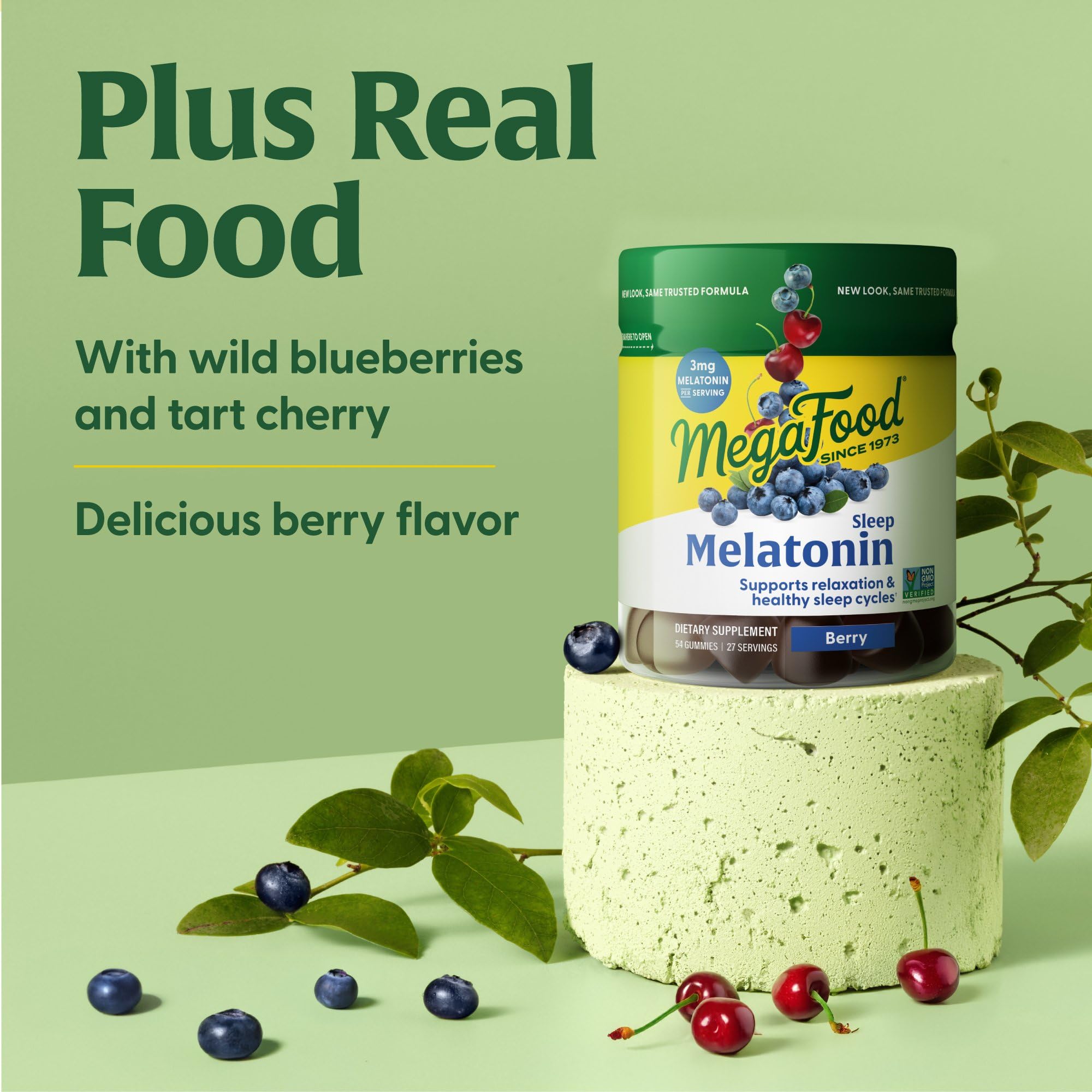 MegaFood Melatonin Gummies ingredients list highlighting vegan and non-GMO.