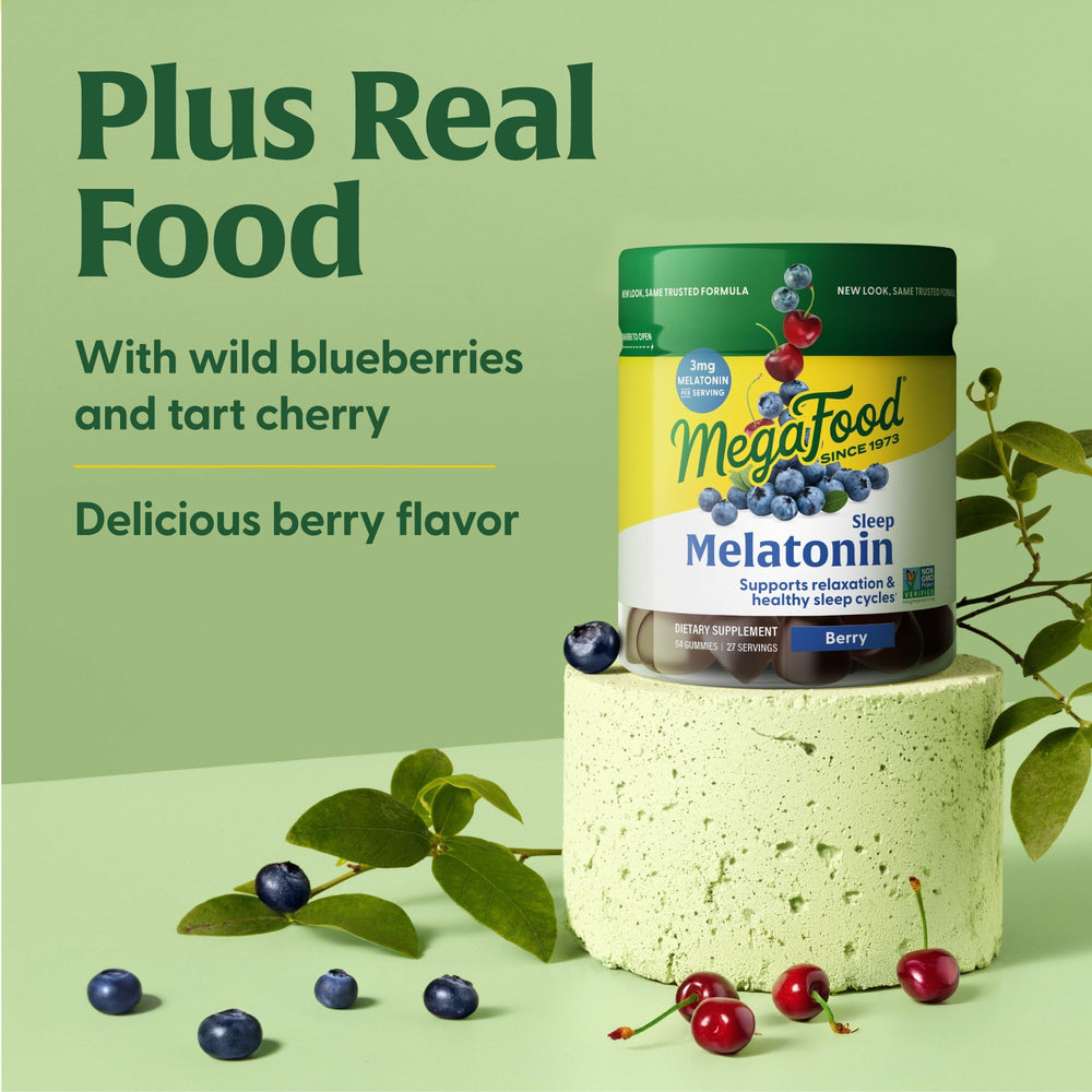 MegaFood Melatonin Gummies vegan and non-GMO certifications icons on pack.